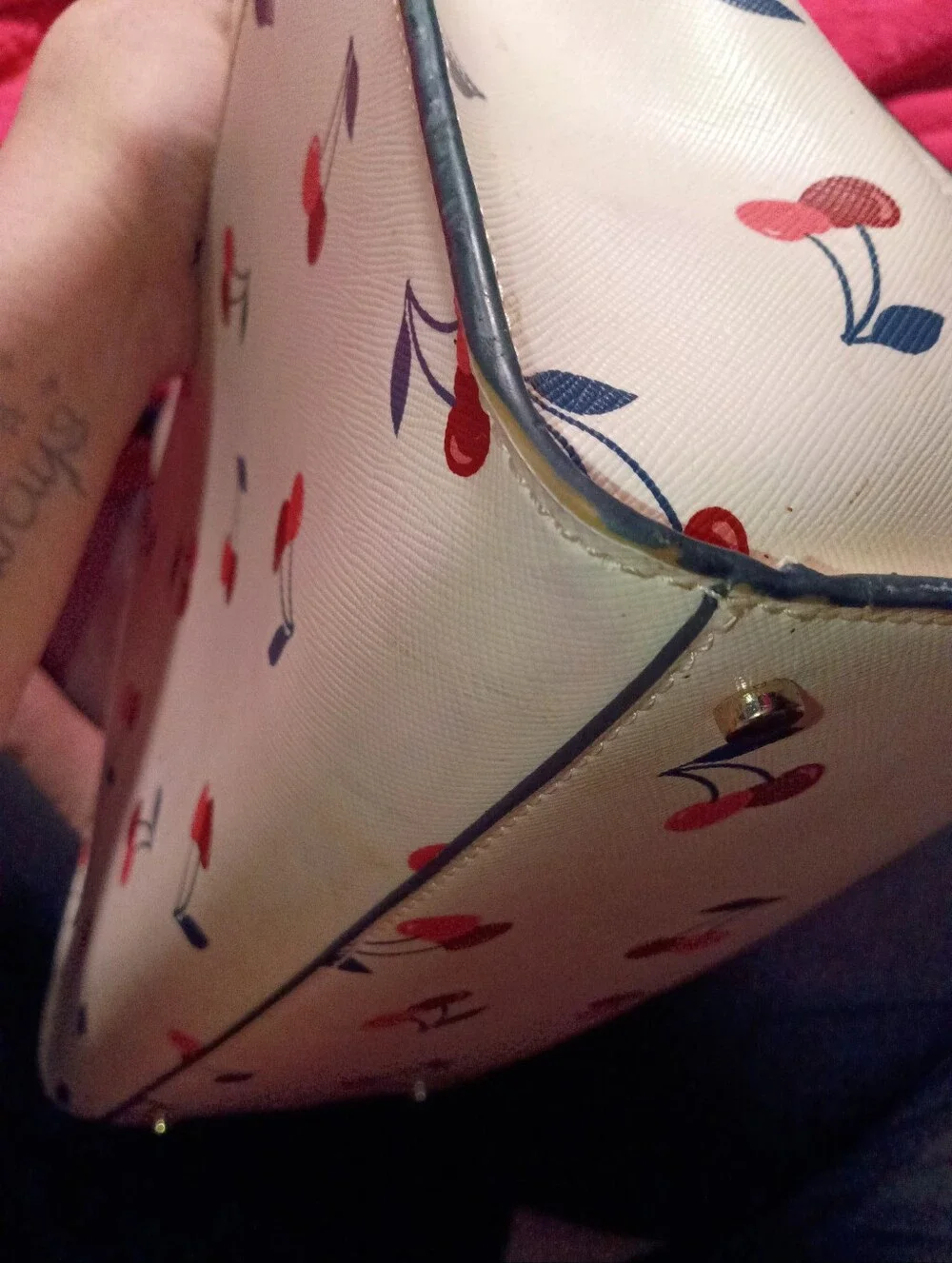 kate spade Cream Cherry Print Satchel with Navy Trim